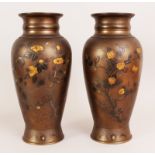 A LARGE PAIR OF GOOD QUALITY JAPANESE MEIJI PERIOD MIXED METAL INLAID & ONLAID BRONZE VASES, the