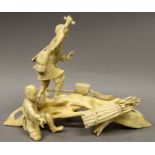 A JAPANESE MEIJI PERIOD SECTIONAL IVORY OKIMONO, in the form of two woodcutters on a curved trunk