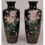 A PAIR OF GOOD QUALITY JAPANESE MEIJI PERIOD BLACK GROUND CLOISONNE VASES, each decorated in fine