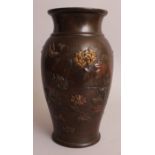 A GOOD QUALITY JAPANESE MEIJI PERIOD MIXED METAL ONLAID BRONZE VASE, the sides well decorated with