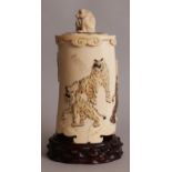 A LARGE JAPANESE MEIJI PERIOD STAINED & CARVED IVORY TUSK VASE & COVER, the ivory weighing 2.11Kg,