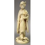 A GOOD QUALITY SIGNED JAPANESE MEIJI PERIOD IVORY OKIMONO OF A BIJIN, walking on geta and holding up