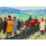 20th Century Russian School. 'The New Tractor', with Figures in a Field, Inscribed on the reverse,