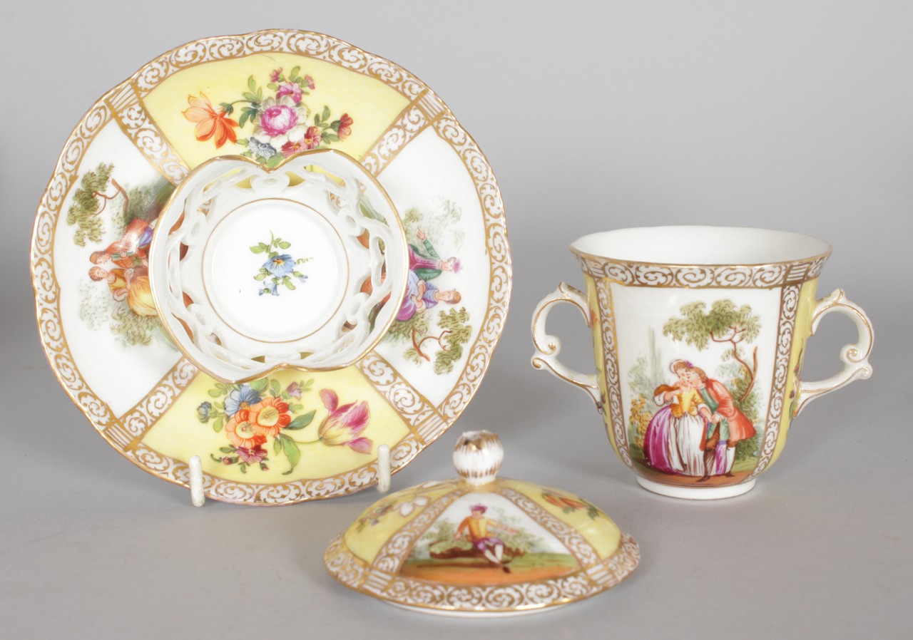 A DRESDEN "TRAMBLEUSE" CUP AND SAUCER, yellow ground with panels of figures and flowers; together - Image 2 of 5