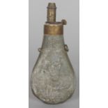 A FRENCH FLASK, a man with a rabbit. For Restoration. 6.5ins long.