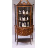 A SUPERB MAHOGANY AND MARQUETRY INLAID STANDING CHINA CABINET by EDWARDS & ROBERTS, with a swan neck