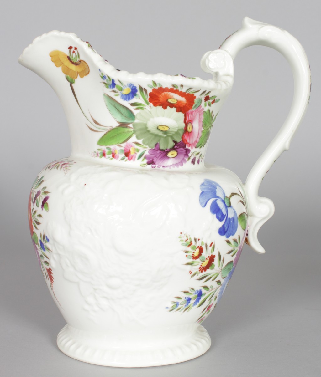 19TH CENTURY COALPORT FINE MOULDED WATER JUG painted with flowers.