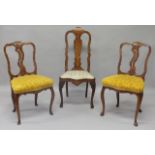 A PAIR OF 18TH CENTURY DUTCH ELM SIDE CHAIRS, with floral marquetry inlaid decoration, overstuffed