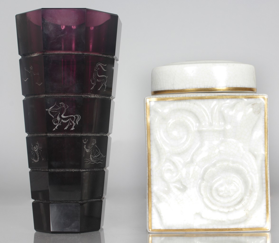 A TAPERING GLASS VASE engraved with Zodiac signs and figures, 7.5ins high, and a SWEDISH POTTERY TEA