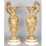 A GOOD LARGE PAIR OF ORMOLU AND MARBLE EWER SHAPE LAMP BASES, of classical form, decorated with