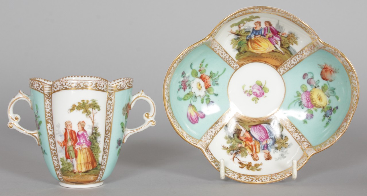 A DRESDEN "TRAMBLEUSE" CUP AND SAUCER, yellow ground with panels of figures and flowers; together - Image 4 of 5