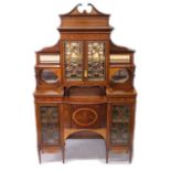 A SUPERB MAHOGANY AND MARQUETRY INLAID CABINET by EDWARDS & ROBERTS, with swan neck pediment, dentil