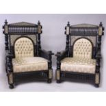 A GOOD PAIR MOORISH EBONISED AND MOTHER-OF-PEARL INLAID ARMCHAIRS, with pierced mashrabiya work