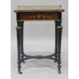 A 19TH CENTURY FRENCH WALNUT, EBONISED AND MARQUETRY WORK TABLE, the rising top inlaid with