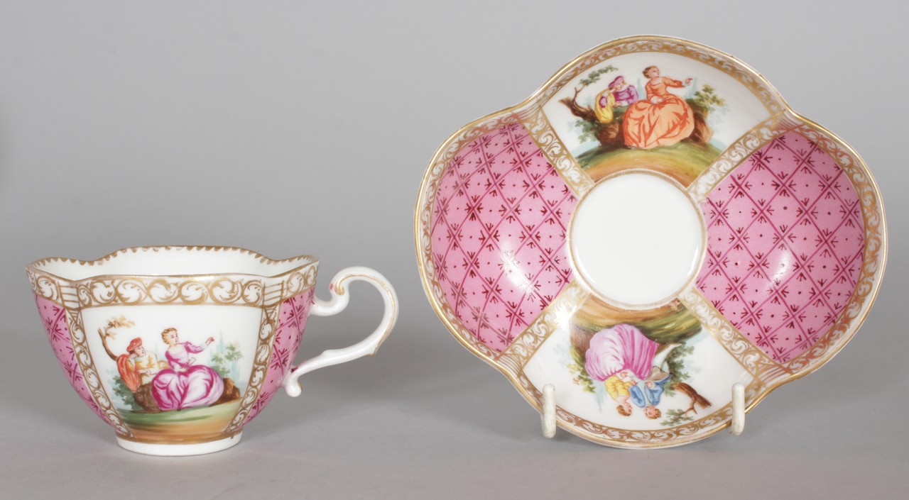 A DRESDEN "TRAMBLEUSE" CUP AND SAUCER, yellow ground with panels of figures and flowers; together - Image 5 of 5
