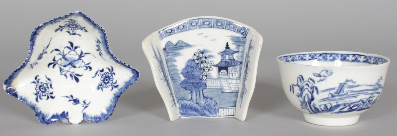 AN 18TH CENTURY DERBY LEAF SHAPED DISH painted in blue with flowers, McShane Stephens collection