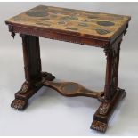 AN UNUSUAL REGENCY ROSEWOOD TABLE, the rectangular top and platform base inset with polished