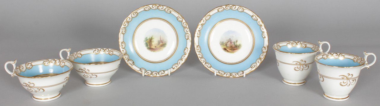 A PAIR OF 19TH CENTURY GRAINGER'S WORCESTER FINE PAINTED COFFEE CUPS, TEA CUPS AND SAUCERS painted