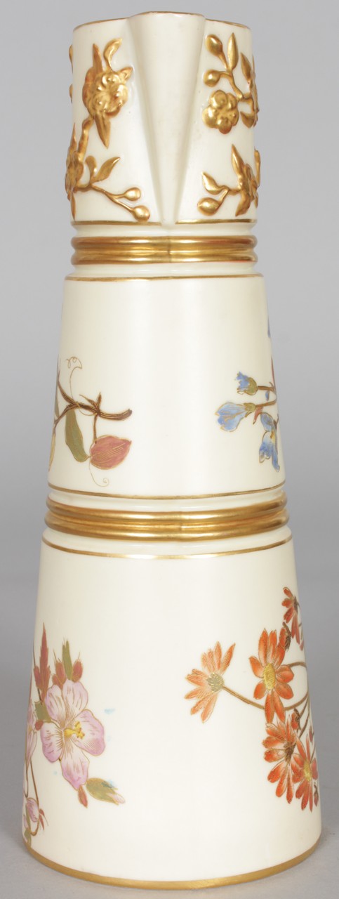 A ROYAL WORCESTER CLARET JUG painted and gilded with flowers, date code for 1892. - Image 2 of 5