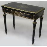 A 19TH CENTURY BRASS, ORMOLU AND EBONISED CARD TABLE, the fold-over top with cut brass inlay