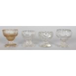 FOUR CUT GLASS PEDESTAL CIRCULAR SALTS. 2.75ins high.