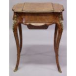 A GOOD 19TH CENTURY FIGURED WALNUT AND ORMOLU SEWING TABLE, possibly by Gillow, with rising top