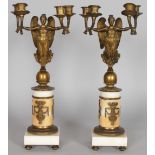 A GOOD PAIR OF 19TH CENTURY ORMOLU AND MARBLE CANDELABRA, each with a female figure holding a pair