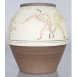 RODNEY LAWRENCE (1950) POTTERY VASE painted with humorous figures. Impressed RL. 7ins high.
