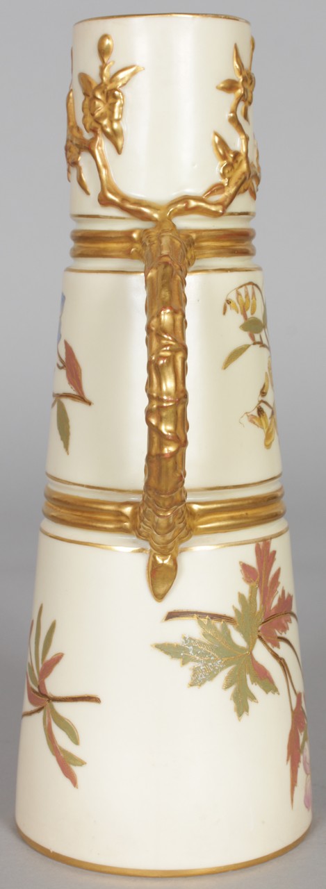 A ROYAL WORCESTER CLARET JUG painted and gilded with flowers, date code for 1892. - Image 4 of 5