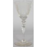 A SUPERB TALL NEWCASTLE LIGHT BALUSTER GLASS engraved with THE CROWNED ARMS OF HOLLAND. 9.5ins