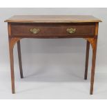A 19TH CENTURY MAHOGANY BOWFRONT SIDE TABLE, with inlaid decoration, the single frieze drawer