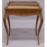 A 19TH CENTURY FRENCH WALNUT AND ORMOLU JARDINIERE with a marquetry inlaid cover, black japanned