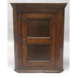 AN 18TH CENTURY OAK HANGING CORNER CUPBOARD, with a moulded cornice over a panelled door enclosing