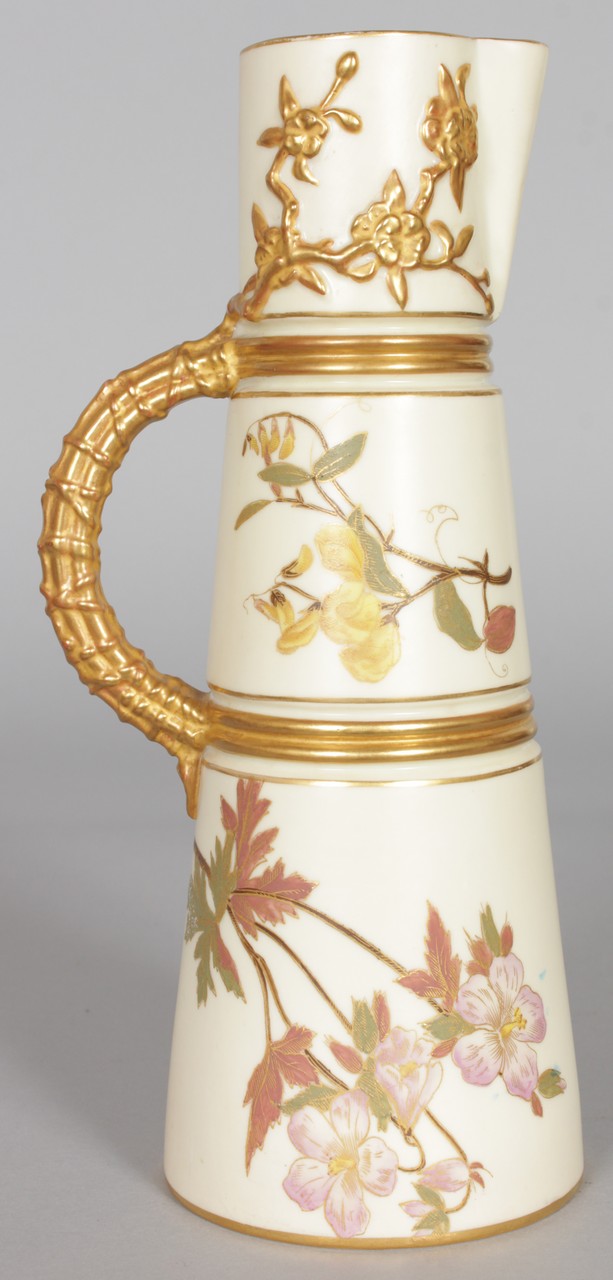 A ROYAL WORCESTER CLARET JUG painted and gilded with flowers, date code for 1892. - Image 3 of 5