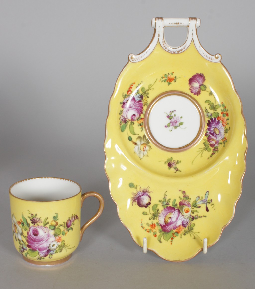 A DRESDEN "TRAMBLEUSE" CUP AND SAUCER, yellow ground with panels of figures and flowers; together - Image 3 of 5