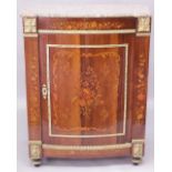A 19TH CENTURY DESIGN ROSEWOOD, MARBLE, ORMOLU AND MARQUETRY CABINET, with a speckled polished