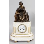 A GOOD 19TH CENTURY FRENCH WHITE MARBLE AND BRONZE MANTLE CLOCK, with circular dial, eight-day