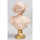 A GOOD AUSTRIAN TERRACOTTA BUST of A YOUNG LADY, on a gilt pedestal. Signed. No. 2320. 16ins high.