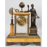 A VERY GOOD 19TH CENTURY FRENCH ORANGE MARBLE AND BRONZE MANTLE CLOCK, the case with standing