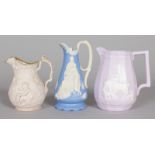 THREE VARIOUS JUGS with figures in relief, including Naomi and her daughters. Pattern No. 199, Col
