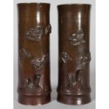 A PAIR OF JAPANESE BRONZE BAMBOO SHAPED SPILL VASES. 8ins high.