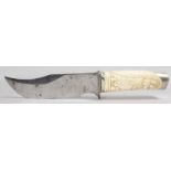 A SUPERB 19TH CENTURY BOWIE KNIFE, with carved ivory European handle of two winged cupids. 11ins