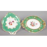 AN OVAL DISH with apple green and gilt border, the centre painted with flowers, Pattern No. 1083,