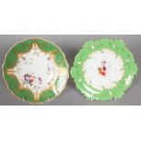 TWO APPLE GREEN PLATES painted with flowers. Pattern No. 2/3364, Col No. 0268 and 0252. 9ins.