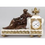 A SUPERB 19TH CENTURY FRENCH WHITE MARBLE, ORMOLU AND BRONZE MANTLE CLOCK, the case with a bronze