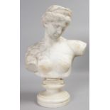 A GOOD 19TH CENTURY ITALIAN CARVED WHITE VEINED MARBLE BUST, on a circular plinth. 20ins high.