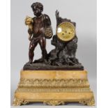 A SUPERB 19TH CENTURY FRENCH ORANGE MARBLE, GILT BRONZE AND BRONZE MANTLE CLOCK, with gilt