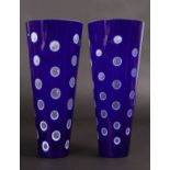 A PAIR OF BLUE AND WHITE TAPERING VASES. 9.5ins high.