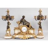 A GOOD 19TH CENTURY FRENCH THREE PIECE CLOCK GARNITURE, the clock ormolu and marble with a classical