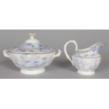 A WILLOW PATTERN BLUE AND WHITE SUCRIER & COVER AND MILK JUG. Col No. 112.